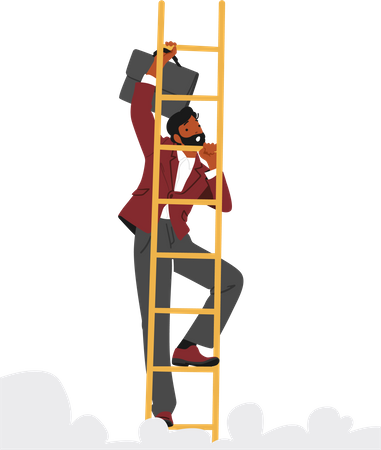 Personagem de empresário ambicioso subindo a escada do sucesso com determinação e perseverança  Ilustração