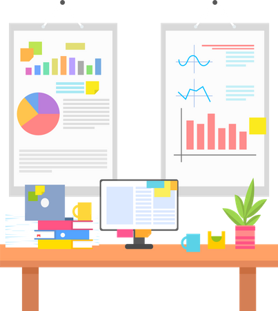 Ambiente de trabalho com gráficos ou gráficos nas paredes  Ilustração