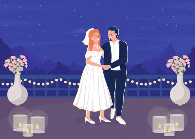 Ambiente íntimo y romántico en la azotea para recién casados  Ilustración