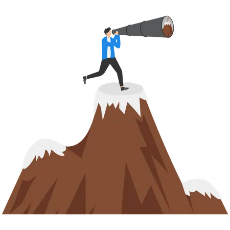 Ambition To Aim High And Achieve Business Goal Motivation To Success Challenge And Determination For Victory Concept Ambitious Businessman Look Through Telescope For Mountain Peak Target Illustration