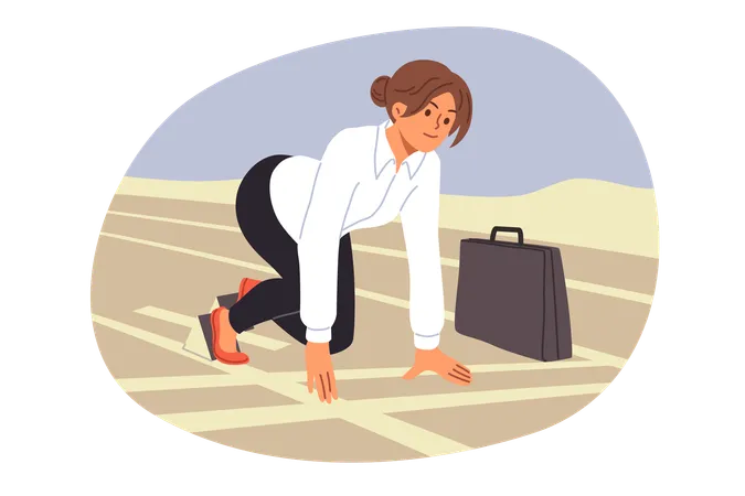 Ambitious business woman is ready for quick start stands in pose of runner in stadium  Illustration