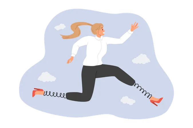 Ambitious business woman strives to achieve goals and jumps high using springs instead of legs  Illustration
