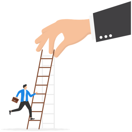 Ambitious businessman about to climb up ladder to overcome giant hand stopping him  Illustration