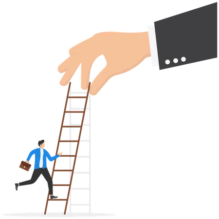 Ambitious businessman about to climb up ladder to overcome giant hand stopping him  Illustration