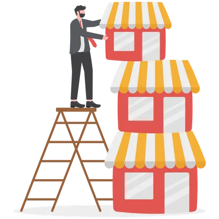 Build Up Business Expand Or Growing Company Empire Organization Growth Or Ambition And Effort To Improve Sales Extension Concept Ambitious Businessman Build Up Store On Top Of Company Stack Illustration