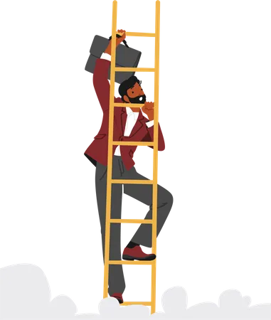 Ambitious Businessman Character Climbing The Ladder Of Success With Determination And Perseverance Overcoming Challenges And Reaching New Heights In Career Journey Cartoon People Vector Illustration Illustration