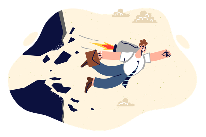 Ambitious businessman flies forward and smashing rock with fist and using jetpack  Illustration