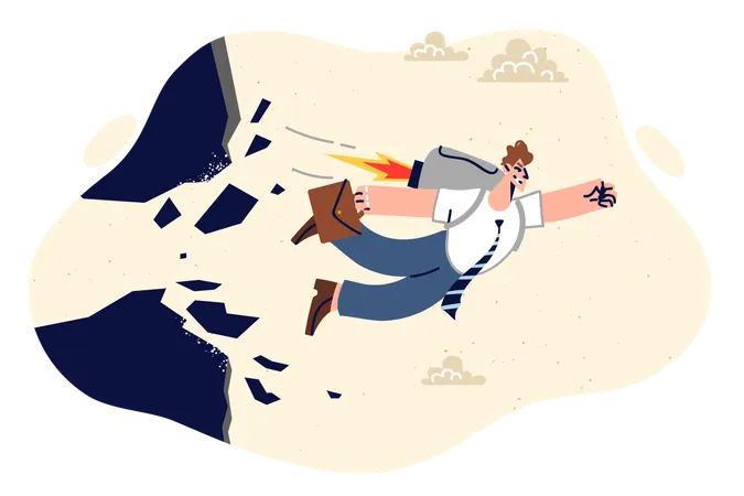 Ambitious businessman flies forward and smashing rock with fist and using jetpack  Illustration