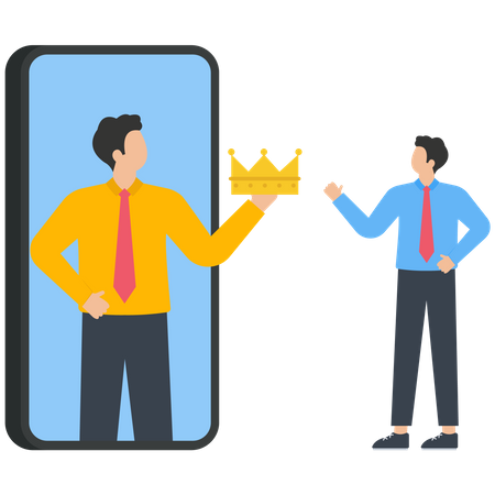 Ambitious businessman in mirror puts crown on himself  イラスト
