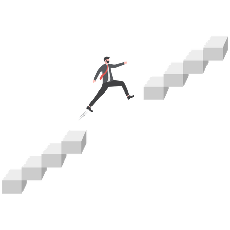 Ambitious businessman jump pass broken stair gap to reach target  Illustration