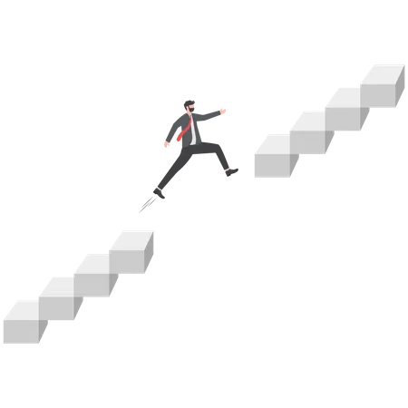 Ambitious businessman jump pass broken stair gap to reach target  イラスト
