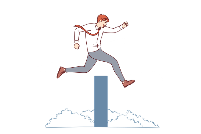 Ambitious businessman overcomes obstacle on path to success by jumping over high wall  Illustration