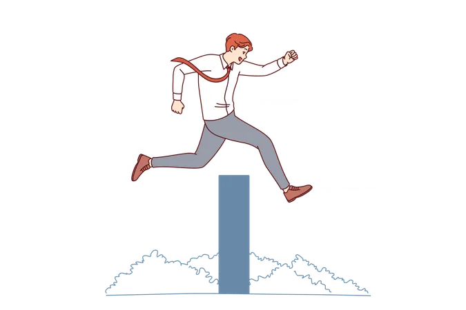 Ambitious businessman overcomes obstacle on path to success by jumping over high wall  Illustration