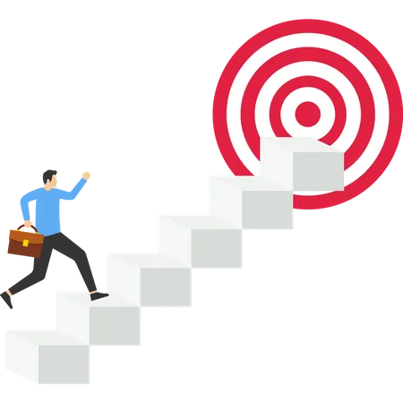 Ambitious businesswoman climbing stairways bullseye target  Illustration