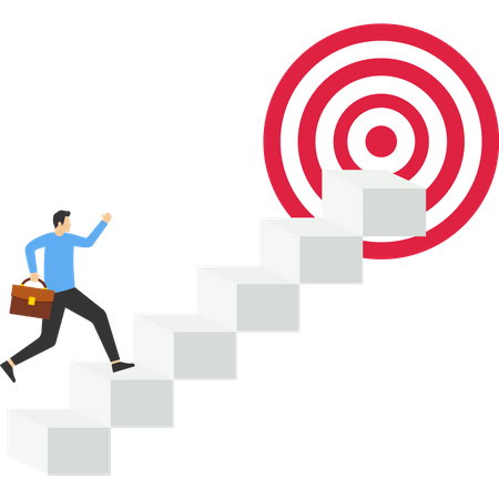 Ambitious businesswoman climbing stairways bullseye target  Illustration