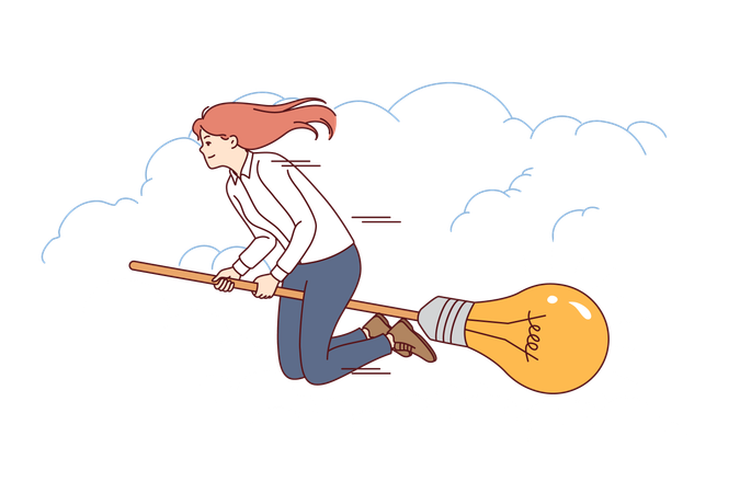 Ambitious businesswoman flies on broomstick with light bulb symbolizing desire to fulfill idea  Illustration