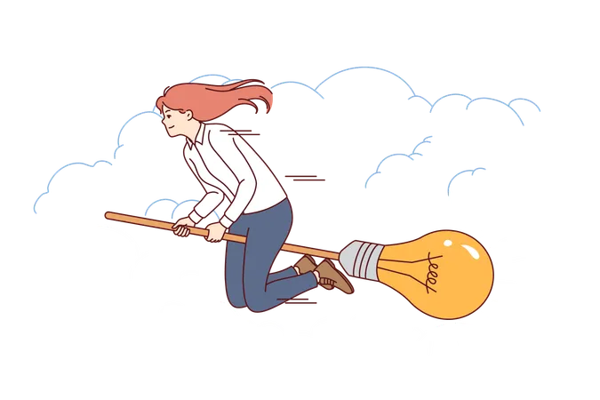 Ambitious businesswoman flies on broomstick with light bulb symbolizing desire to fulfill idea  Illustration