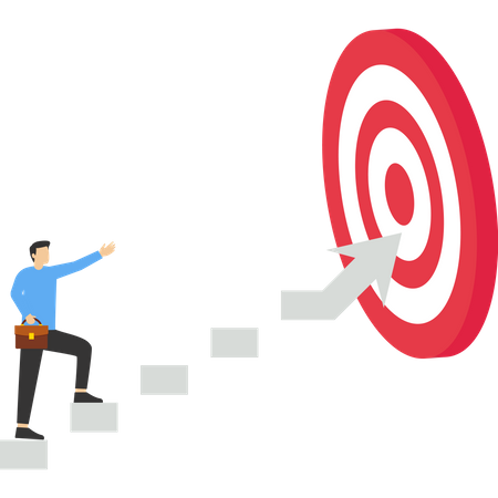 Ambitious businesswoman walking growth arrow path towards bullseye target  Illustration