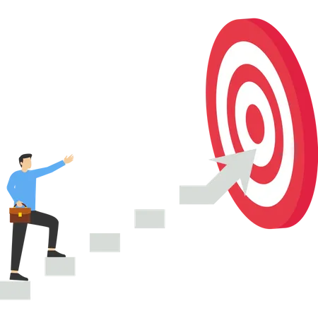 Ambitious businesswoman walking growth arrow path towards bullseye target  Illustration