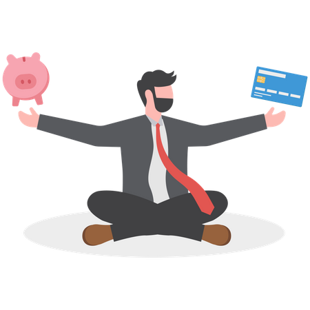 Ambitious man meditate with credit card and piggy bank  Illustration