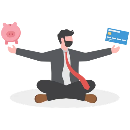 Ambitious man meditate with credit card and piggy bank  Illustration