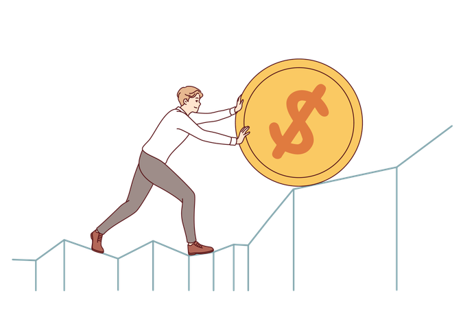 Ambitious man pushes gold coin upward demonstrating desire to increase income from investment  Illustration