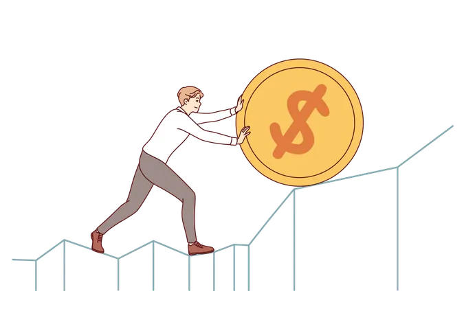 Ambitious man pushes gold coin upward demonstrating desire to increase income from investment  Illustration