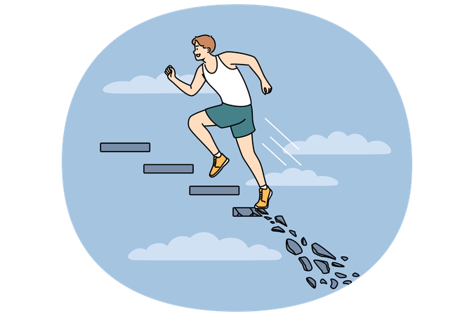 Ambitious man running up crumbling staircase  Illustration