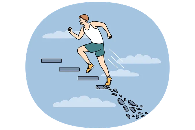 Ambitious man running up crumbling staircase  Illustration