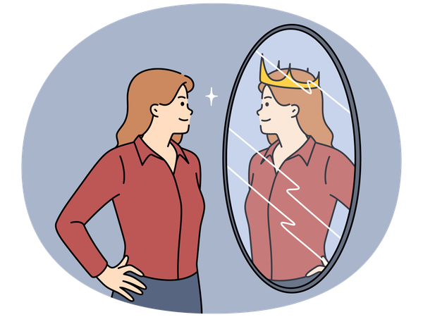 Ambitious woman looks in mirror and sees own reflection with crown symbolizing success  Illustration