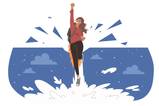 Ambitious woman with leadership potential flies up through night sky  Illustration