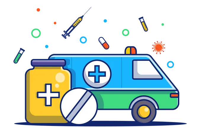 Omicron Virus Concept In Flat Outline Design Coronavirus Disease Outbreak And Treatment Ambulance Car Drives To Hospital Near Huge Jar Of Pills Vector Illustration With Colorful Line Web Scene Illustration