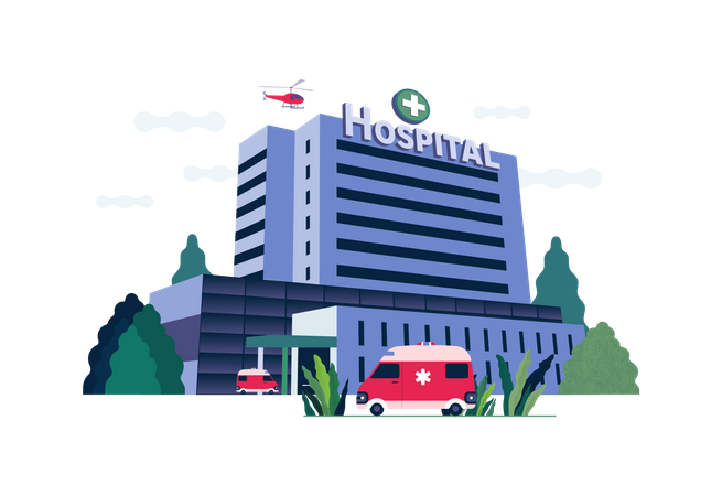 Ambulance garée devant le bâtiment de l'hôpital  Illustration