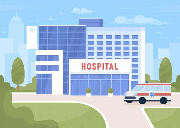 Ambulance Near Hospital On City Street Flat Color Vector Illustration Professional Medical Service Fully Editable 2 D Simple Cartoon Cityscape With Buildings On Background Akrobat Font Used 일러스트레이션