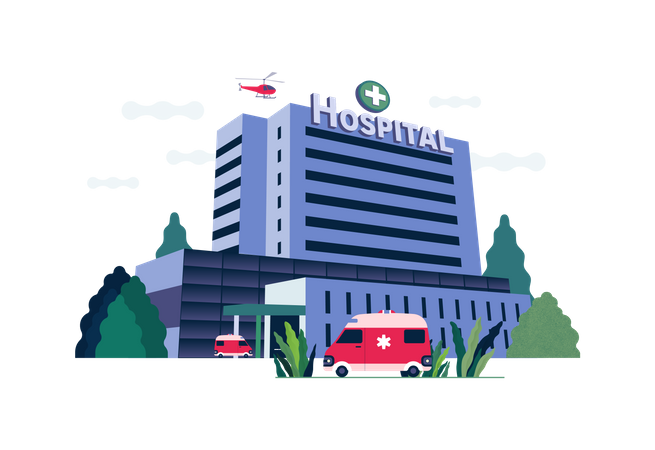 Ambulance parked in front of Hospital building Illustration
