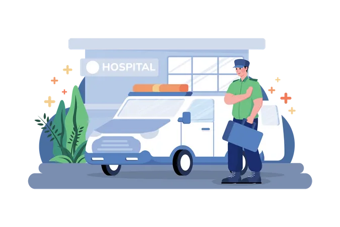 Ambulance Parked In Front Of Hospital Building  Illustration