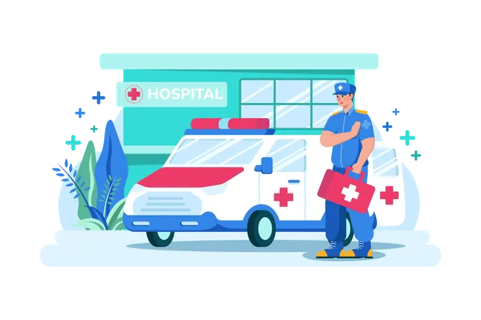 Ambulance parked in front of Hospital building  Illustration