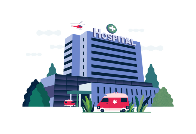 Ambulance parked in front of Hospital building  Illustration