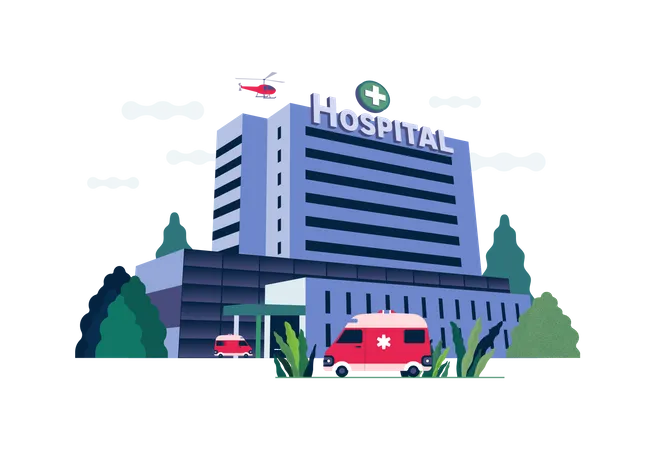 Ambulance parked in front of Hospital building  Illustration