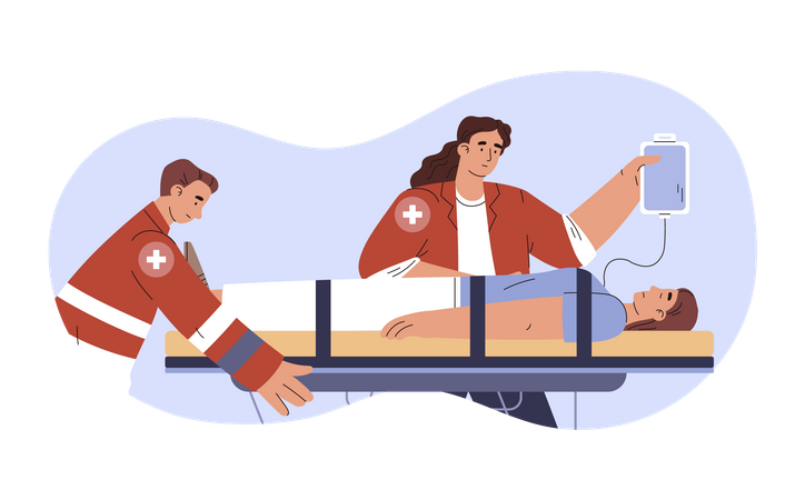 Les médecins urgentistes d'ambulance transportaient une femme malade allongée sur une civière  Illustration
