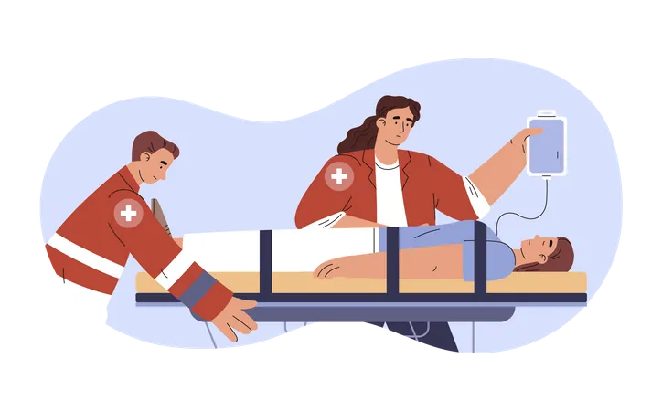 Les médecins urgentistes d'ambulance transportaient une femme malade allongée sur une civière  Illustration