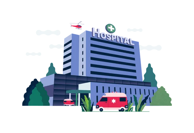 Ambulância estacionada em frente ao prédio do Hospital  Ilustração