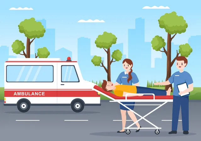 Carro De Ambulancia De Veiculo Medico Ou Servico De Emergencia Para Pegar O Paciente Ferido Em Um Acidente Em Ilustracao De Modelos Desenhados A Mao De Desenhos Animados Planos Ilustração