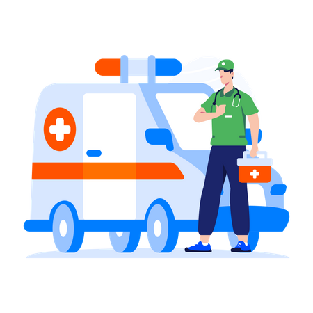 Ambulanciers debout près d’une ambulance  Illustration