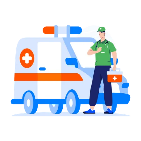 Ambulanciers debout près d’une ambulance  Illustration