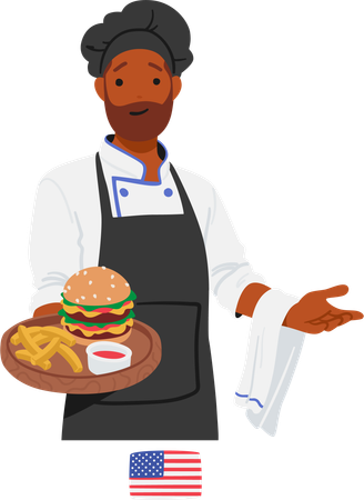 American Chef Character Proudly Presents Tray With A Delectable Array Of Fast Food  Illustration