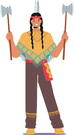 American Indigenous Warrior with Axes  Illustration