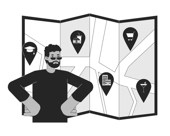 African American Man Choosing Ideal Neighborhood Black And White 2 D Line Cartoon Character Bearded Guy Looks For Place To Live Isolated Vector Outline Person Monochromatic Flat Spot Illustration Illustration