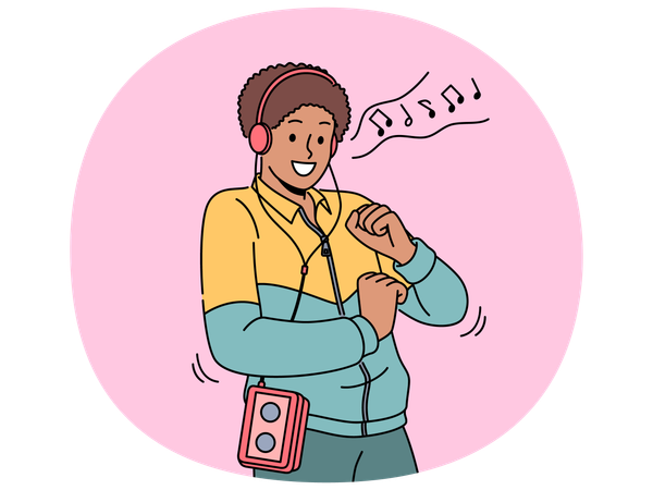 American man in retro clothes with cassette player on belt listens to music in headphones  Illustration