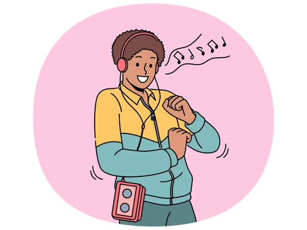 American man in retro clothes with cassette player on belt listens to music in headphones  Illustration